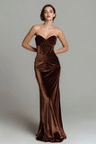 Brown Velvet Mermaid Strapless Long Corset Holiday Party Dress