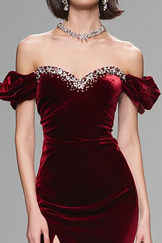 Sparkly Burgundy Velvet Mermaid Long Holiday Party Dress with Beading