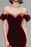 Sparkly Burgundy Velvet Mermaid Long Holiday Party Dress with Beading