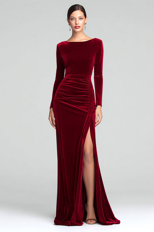 Burgundy Boat Neck Velvet Ruched Long Sleeves Holiday Party Dress