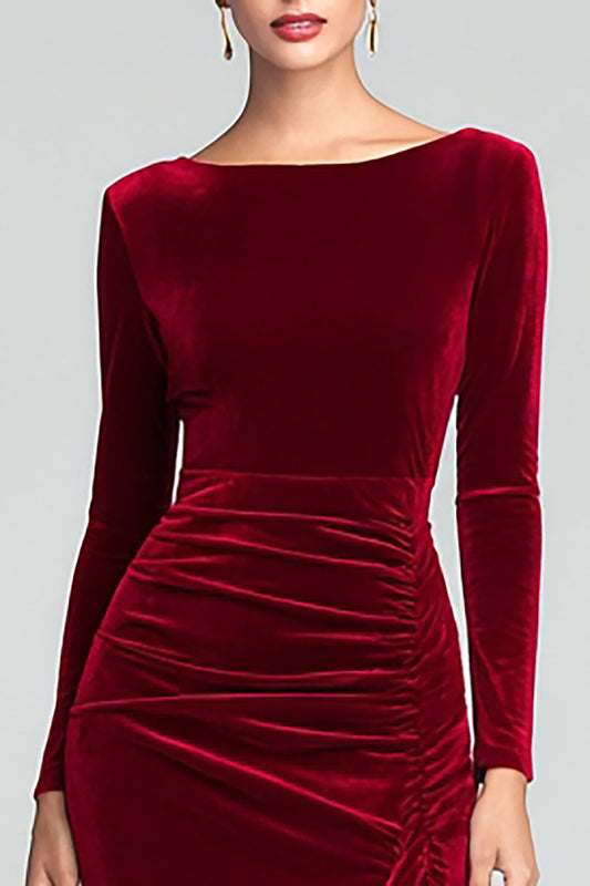 Burgundy Boat Neck Velvet Ruched Long Sleeves Holiday Party Dress