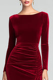Burgundy Boat Neck Velvet Ruched Long Sleeves Holiday Party Dress