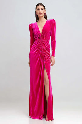 Zapakasa Women Fuchsia Long Sleeves Velvet Holiday Party Dress with Slit V-Neck Sheath Formal Dress Zapakasa Women Fuchsia Long Sleeves Velvet Holiday Party Dress with Slit V-Neck Sheath Formal Dress