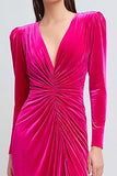 Fuchsia Ruched Velvet Sheath Long Sleeves Holiday Party Dress with Slit
