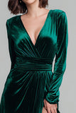 Dark Green A Line Velvet V-Neck Long Sleeves Holiday Party Dress with Slit