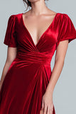 Red A Line Velvet V-Neck Short Sleeves Long Holiday Party Dress with Slit