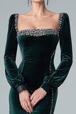 Sparkly Dark Green Mermaid Velvet Long Sleeves Holiday Party Dress with Slit