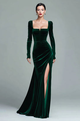Dark Green Velvet Square Neck Long Holiday Party Dress with Slit