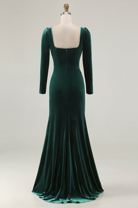 Dark Green Square Neck Velvet Long Holiday Party Dress with Slit