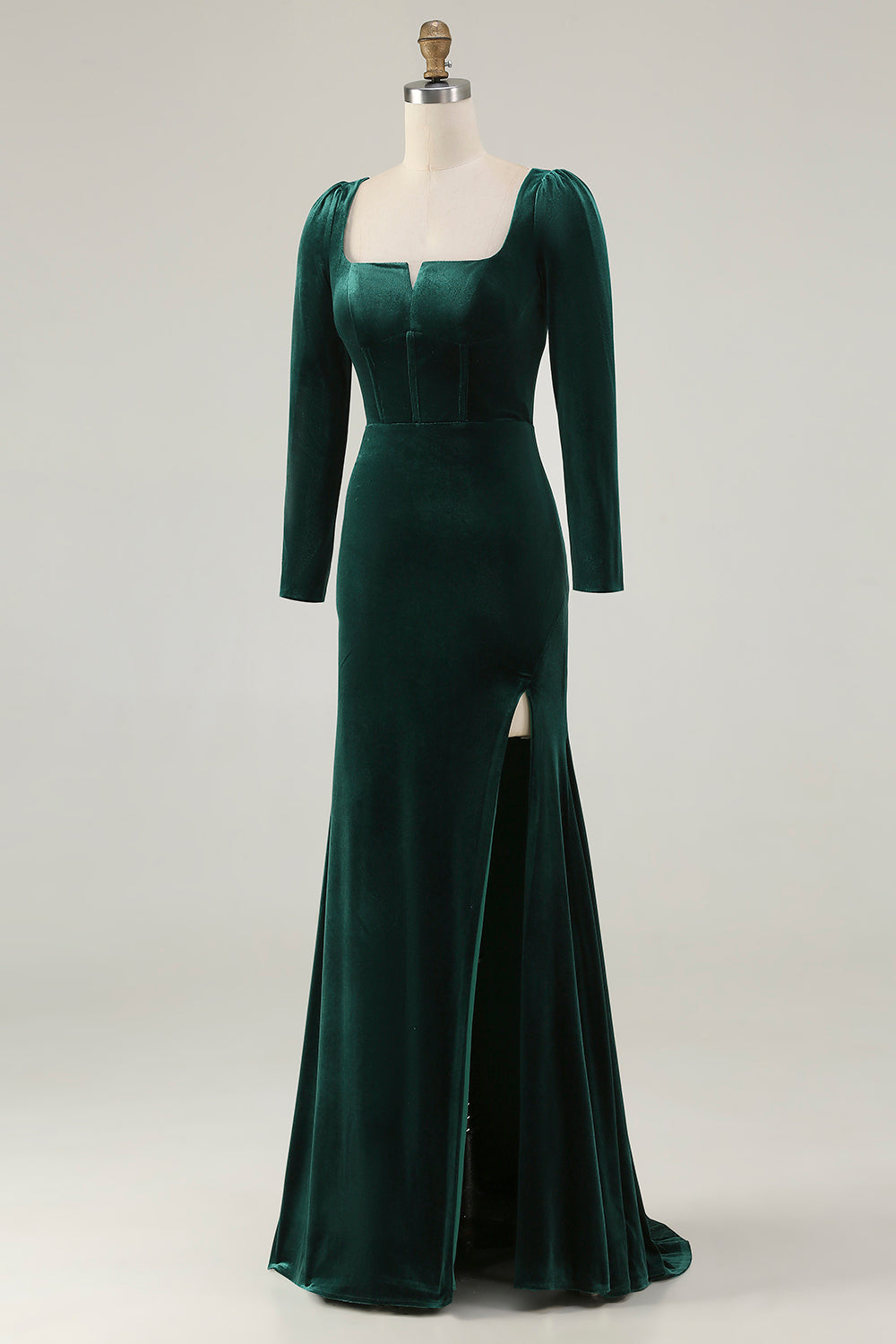 Dark Green Square Neck Velvet Long Holiday Party Dress with Slit