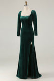 Dark Green Square Neck Velvet Long Holiday Party Dress with Slit
