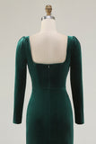 Dark Green Square Neck Velvet Long Holiday Party Dress with Slit