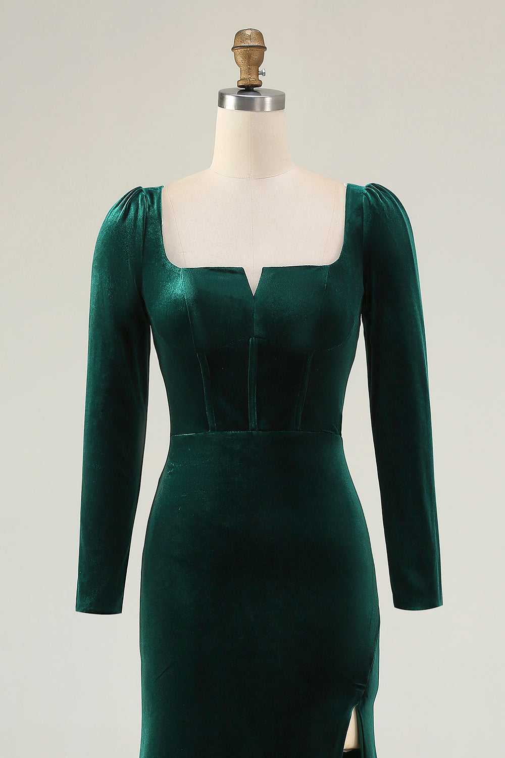 Dark Green Square Neck Velvet Long Holiday Party Dress with Slit