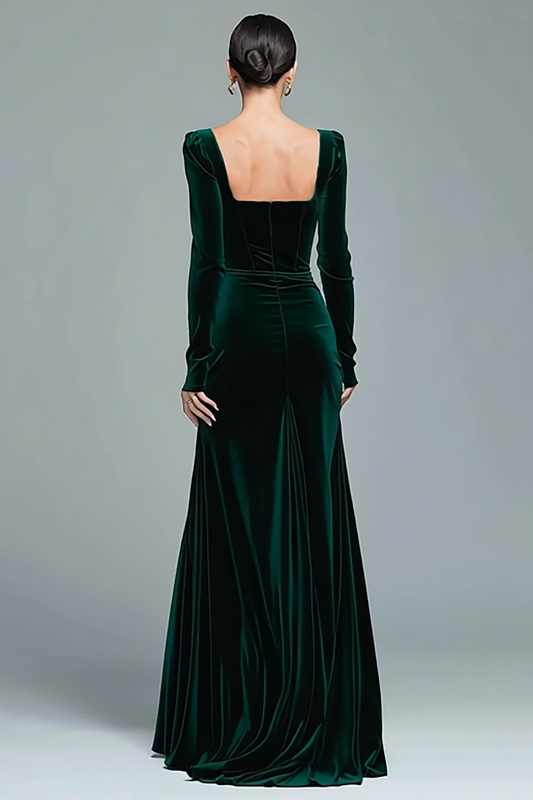 Dark Green Velvet Square Neck Long Holiday Party Dress with Slit