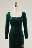 Dark Green Square Neck Velvet Long Holiday Party Dress with Slit
