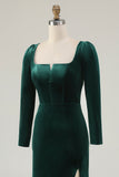 Dark Green Square Neck Velvet Long Holiday Party Dress with Slit