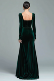 Dark Green Velvet Square Neck Long Holiday Party Dress with Slit