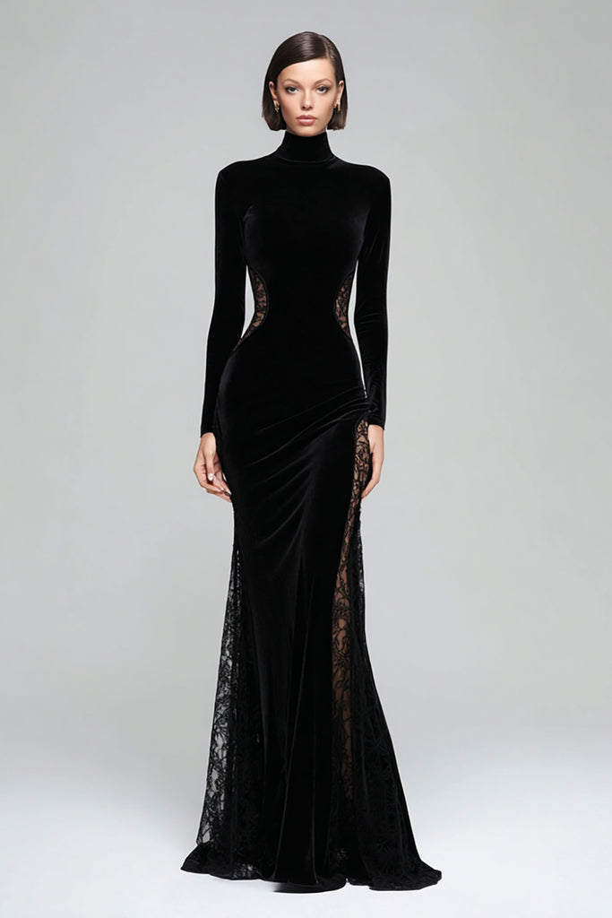 Zapakasa Women Black Velvet Maxi Formal Dress Mermaid High Neck Holiday