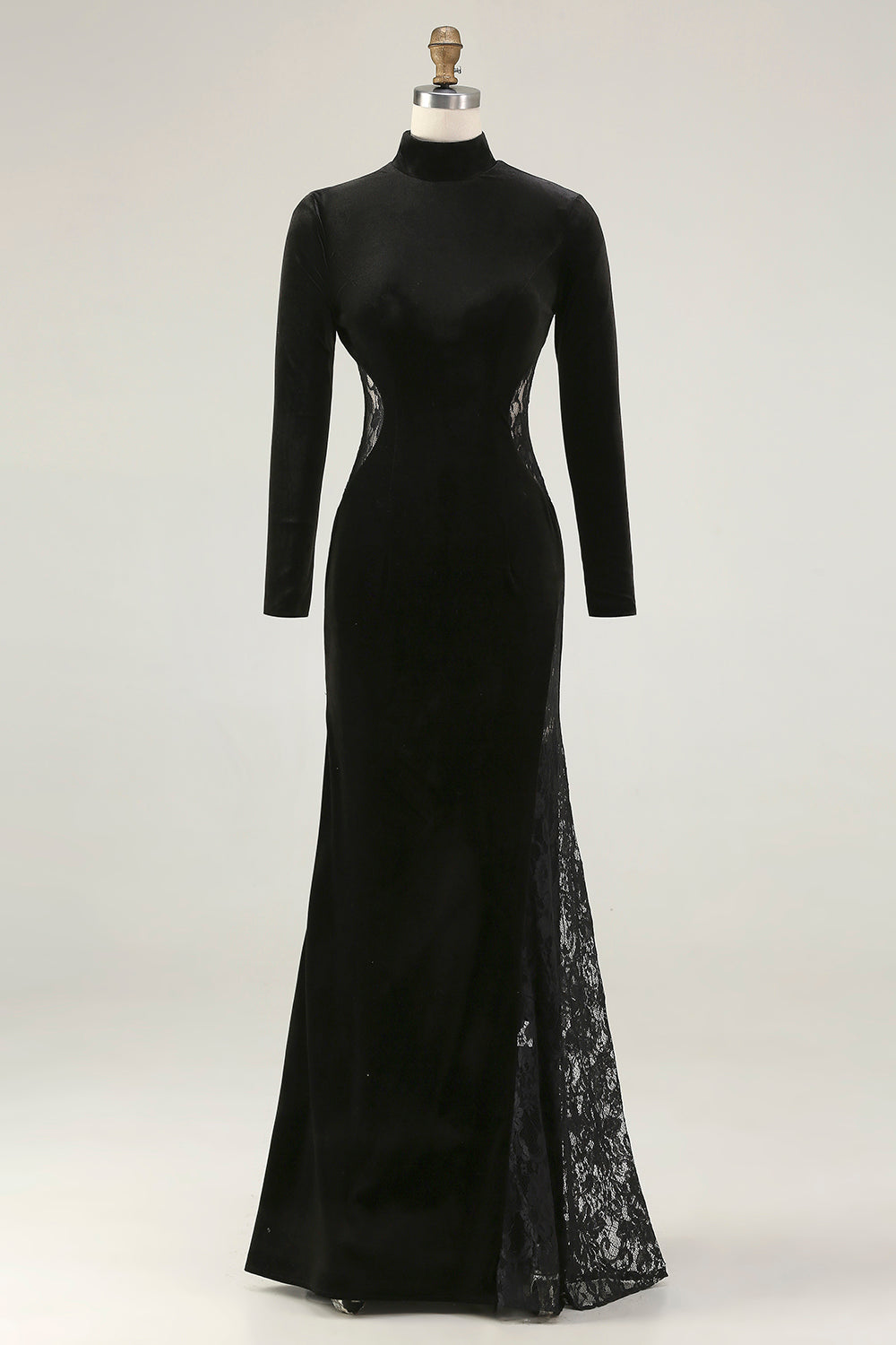 Black Mermaid High Neck Velvet Maxi Formal Dress with Lace