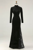 Black Mermaid High Neck Velvet Maxi Formal Dress with Lace