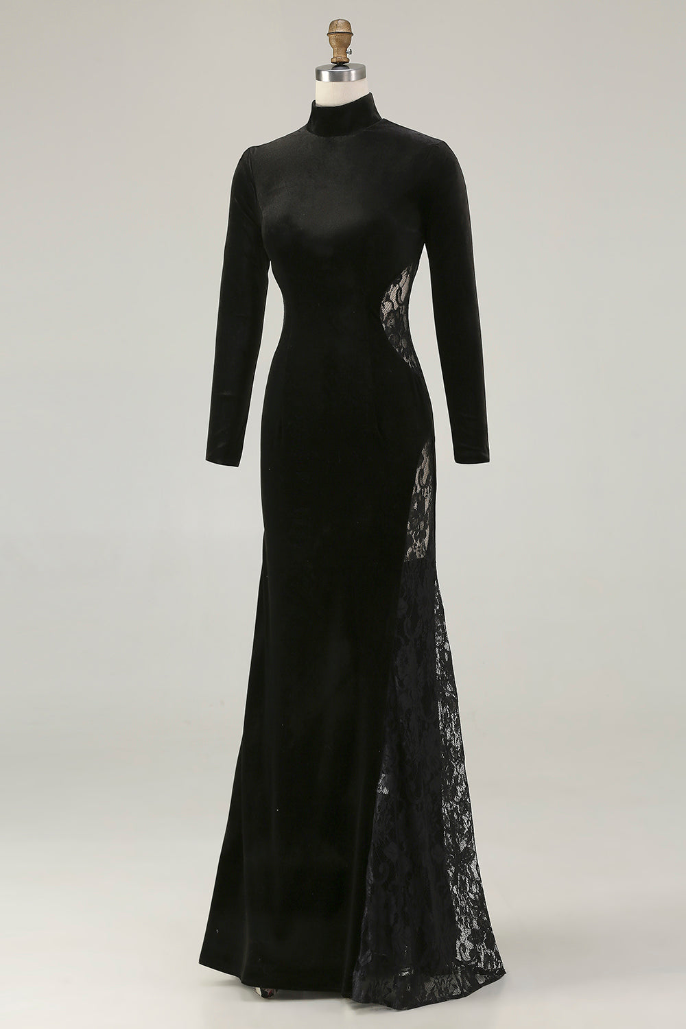 Black Velvet Mermaid High Neck Maxi Formal Dress with Lace