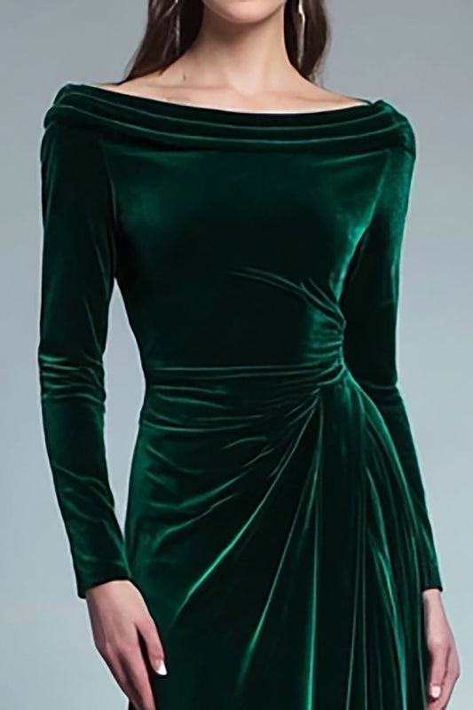 Dark Green Velvet Bateau Neck Long Formal Dress with Sleeves