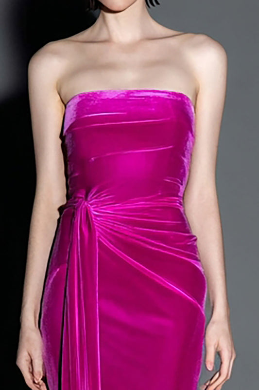 Fuchsia Strapless Velvet Mermaid Maxi Evening Dress