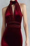 Burgundy Velvet High Neck Keyhole Long Formal Dress