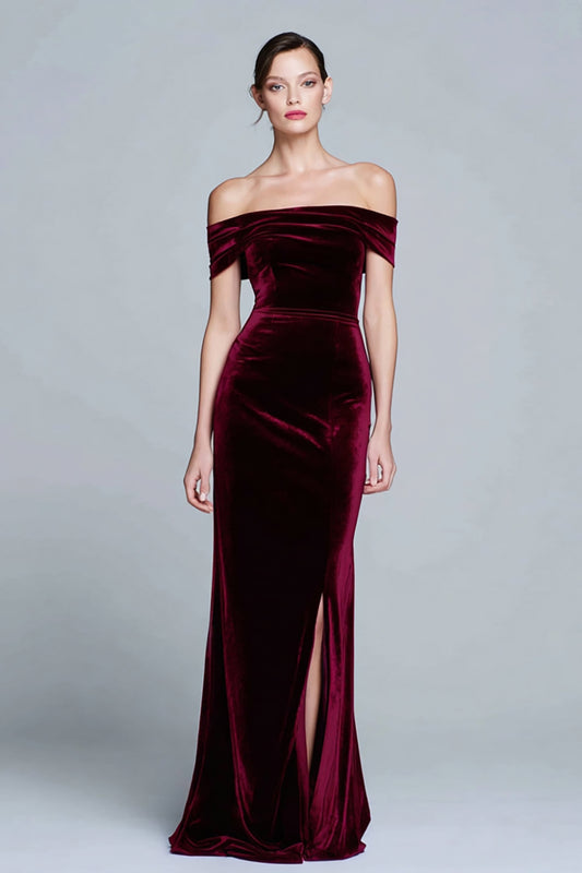 Burgundy Long Velvet Off the Shoulder Formal Dress with Slit