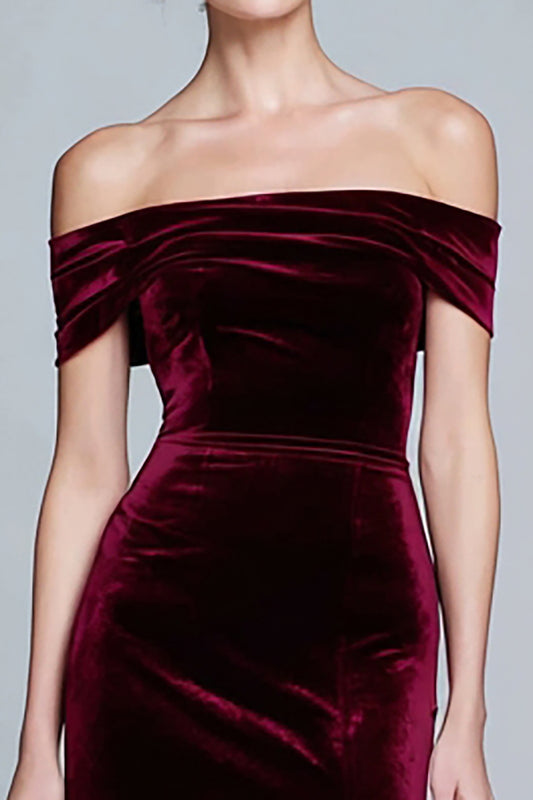 Burgundy Long Velvet Off the Shoulder Formal Dress with Slit