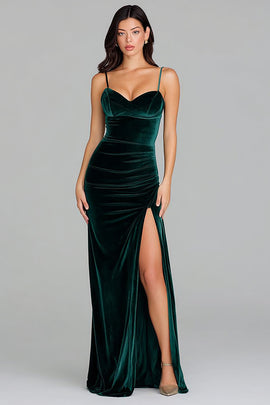 Zapakasa Women Dark Green Velvet Long Formal Dress with Slit Spaghetti Straps Sheath Holiday Party Dress Zapakasa Women Dark Green Velvet Long Formal Dress with Slit Spaghetti Straps Sheath Holiday Party Dress