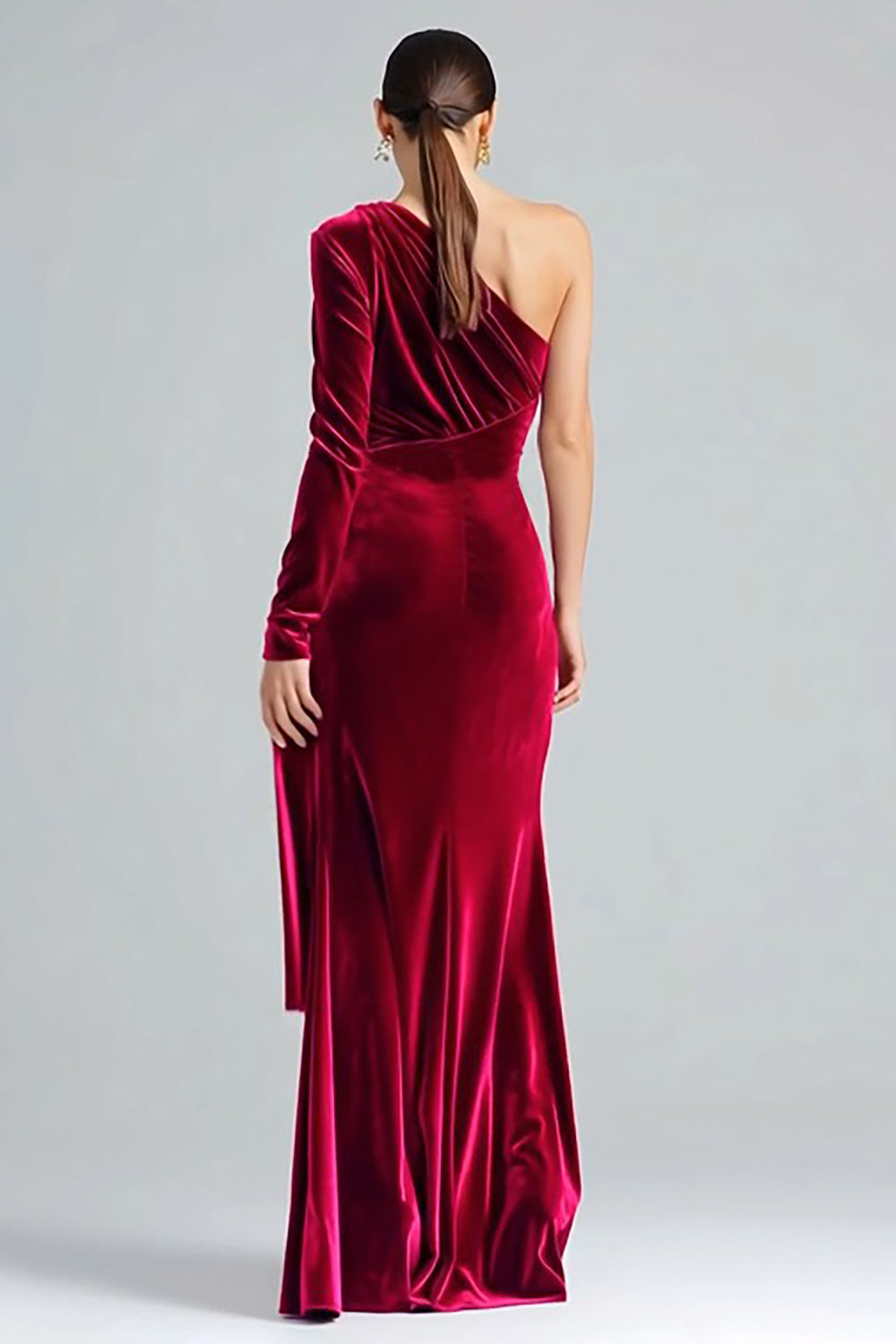 Burgundy Sheath Maxi Velvet One Shoulder Formal Dress