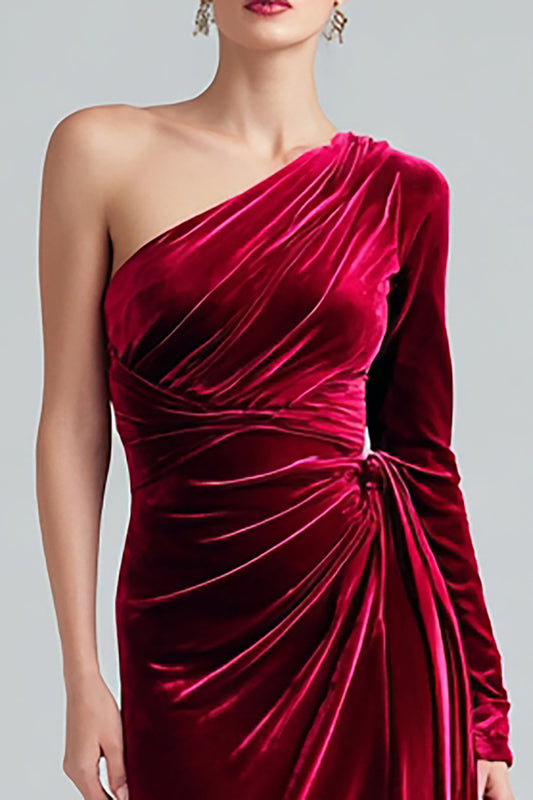 Burgundy Sheath Maxi Velvet One Shoulder Formal Dress