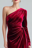 Burgundy Sheath Maxi Velvet One Shoulder Formal Dress