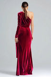 Burgundy Sheath Maxi Velvet One Shoulder Formal Dress