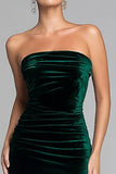 Dark Green Velvet Mermaid Strapless Long Holiday Party Dress with Slit