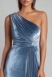 Dusty Blue Long One Shoulder Ruched Holiday Party Dress with Slit
