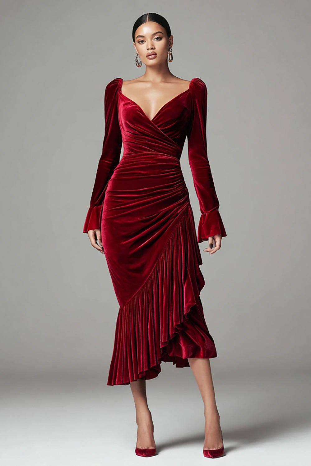 Burgundy Mermaid Velvet Ruched Holiday Party Dress with Ruffles