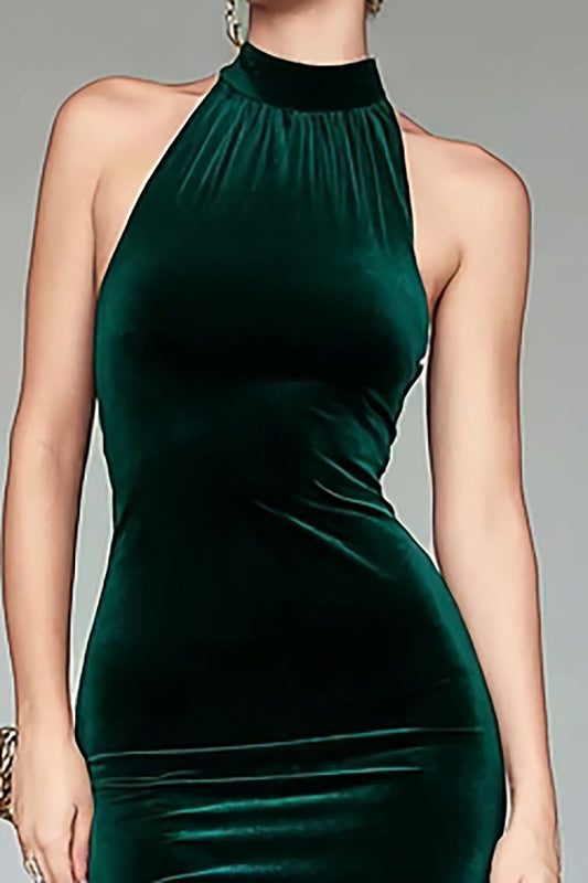 Dark Green Velvet Mermaid Halter Long Formal Dress with Slit