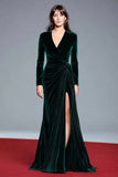 Dark Green Velvet V-Neck Long Sleeves Holiday Party Dress with Slit