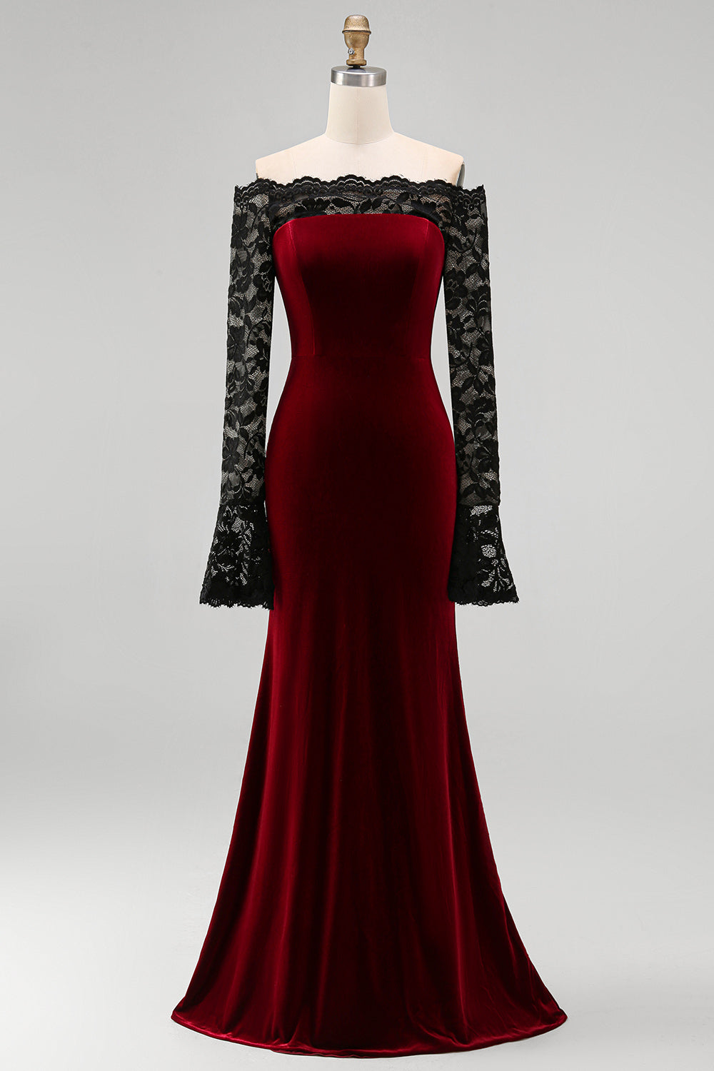 Burgundy Velvet Lace Off the Shoulder Mermaid Long Sleeves Formal Dress