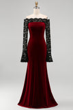 Burgundy Velvet Lace Off the Shoulder Mermaid Long Sleeves Formal Dress