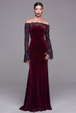 Burgundy Velvet Lace Off the Shoulder Mermaid Long Sleeves Formal Dress