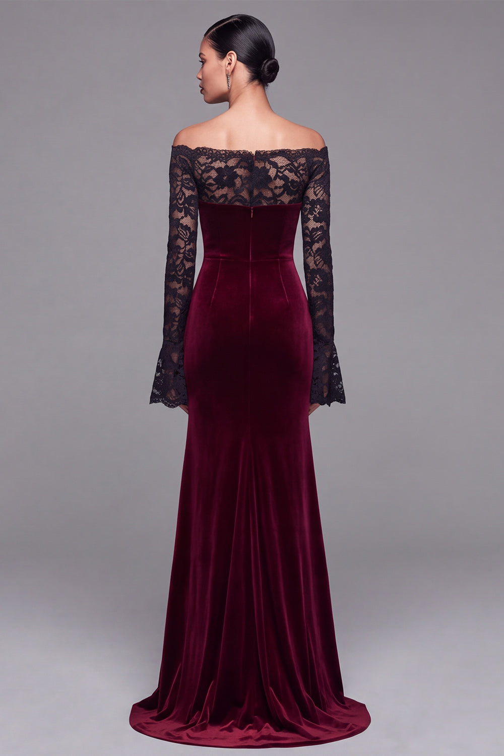 Burgundy Velvet Lace Off the Shoulder Mermaid Long Sleeves Formal Dress