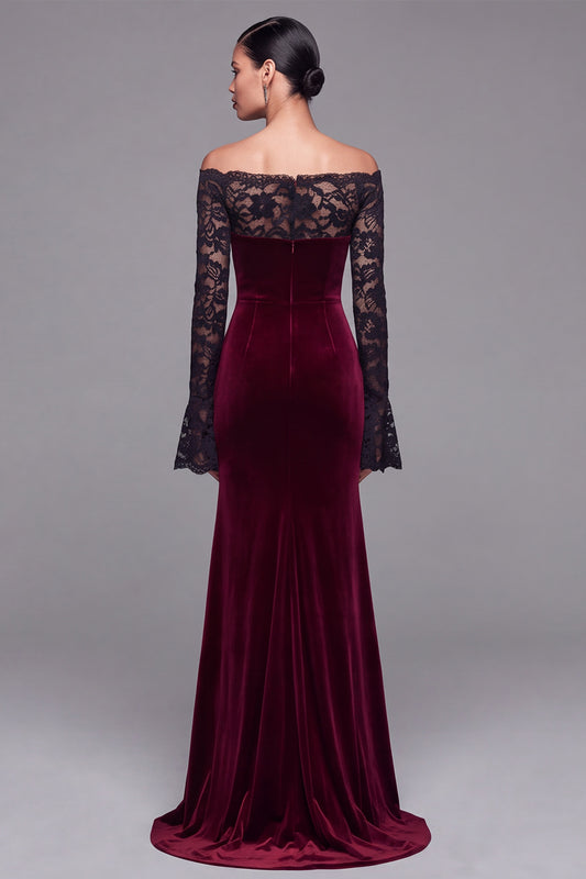Burgundy Velvet Lace Off the Shoulder Mermaid Long Sleeves Formal Dress