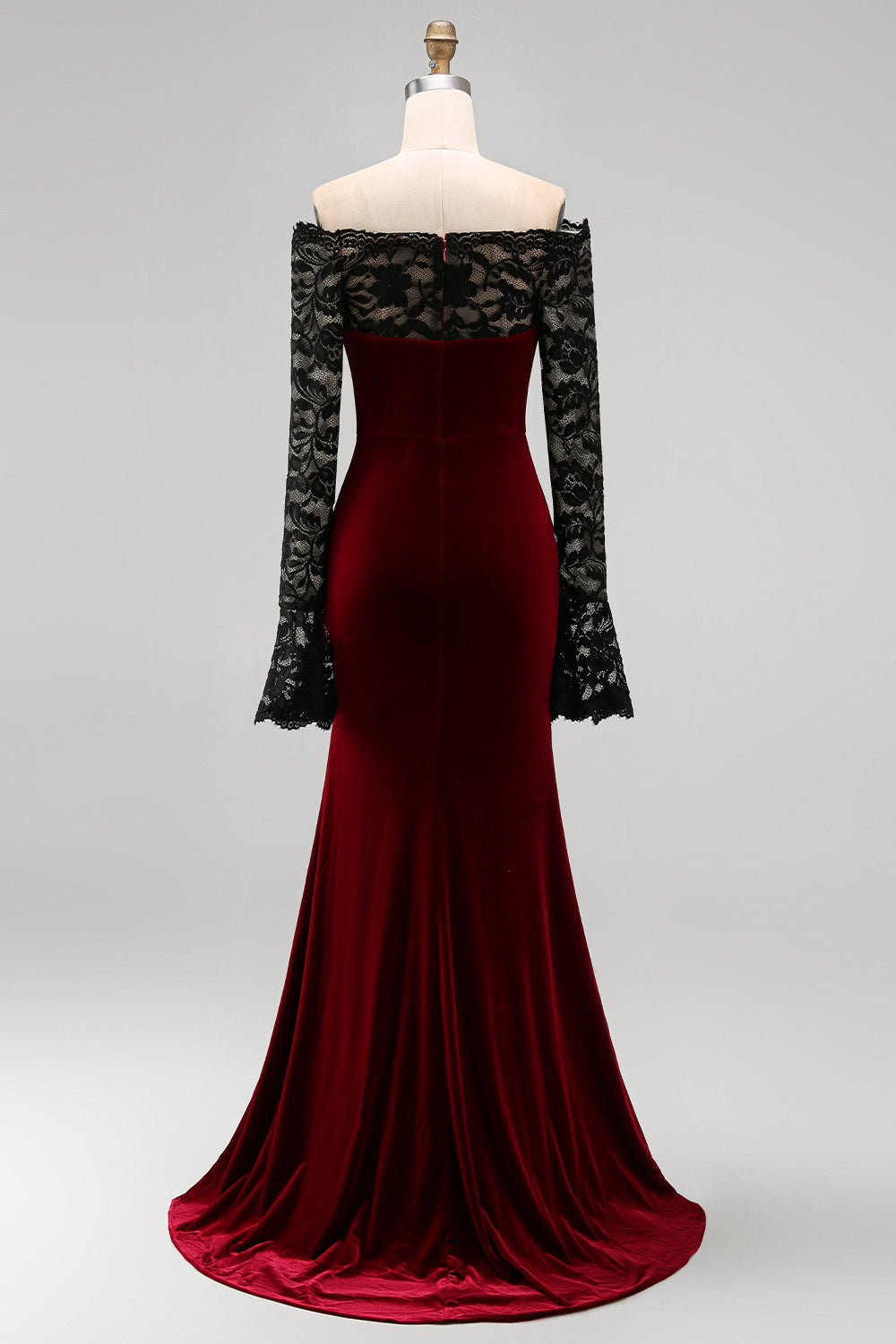 Burgundy Velvet Lace Off the Shoulder Mermaid Long Sleeves Formal Dress
