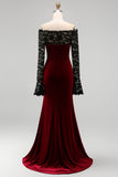 Burgundy Velvet Lace Off the Shoulder Mermaid Long Sleeves Formal Dress