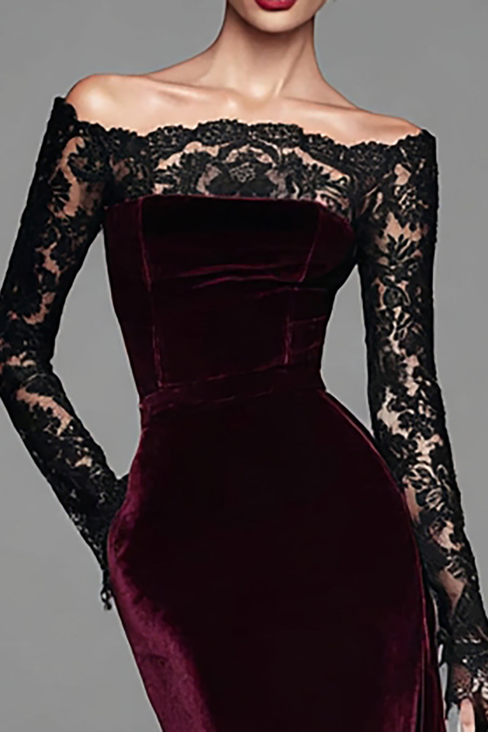 burgundy velvet lace dress Leely Women Burgundy Long Velvet Holiday Party Dress with Lace Round Neck Appliqued Mermaid Evening Dress with Slit