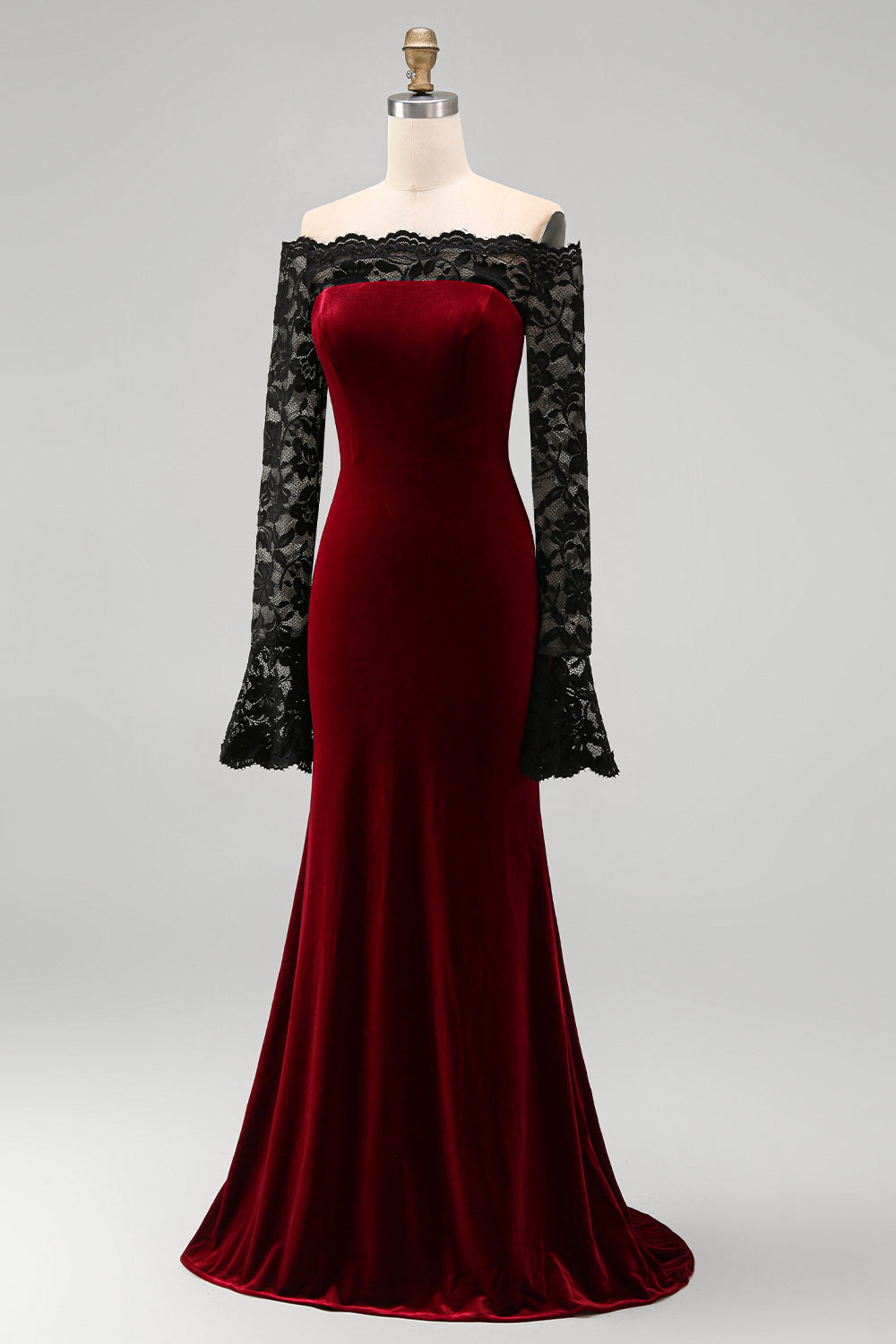 Burgundy Velvet Lace Off the Shoulder Mermaid Long Sleeves Formal Dress