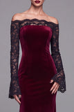 Burgundy Velvet Lace Off the Shoulder Mermaid Long Sleeves Formal Dress